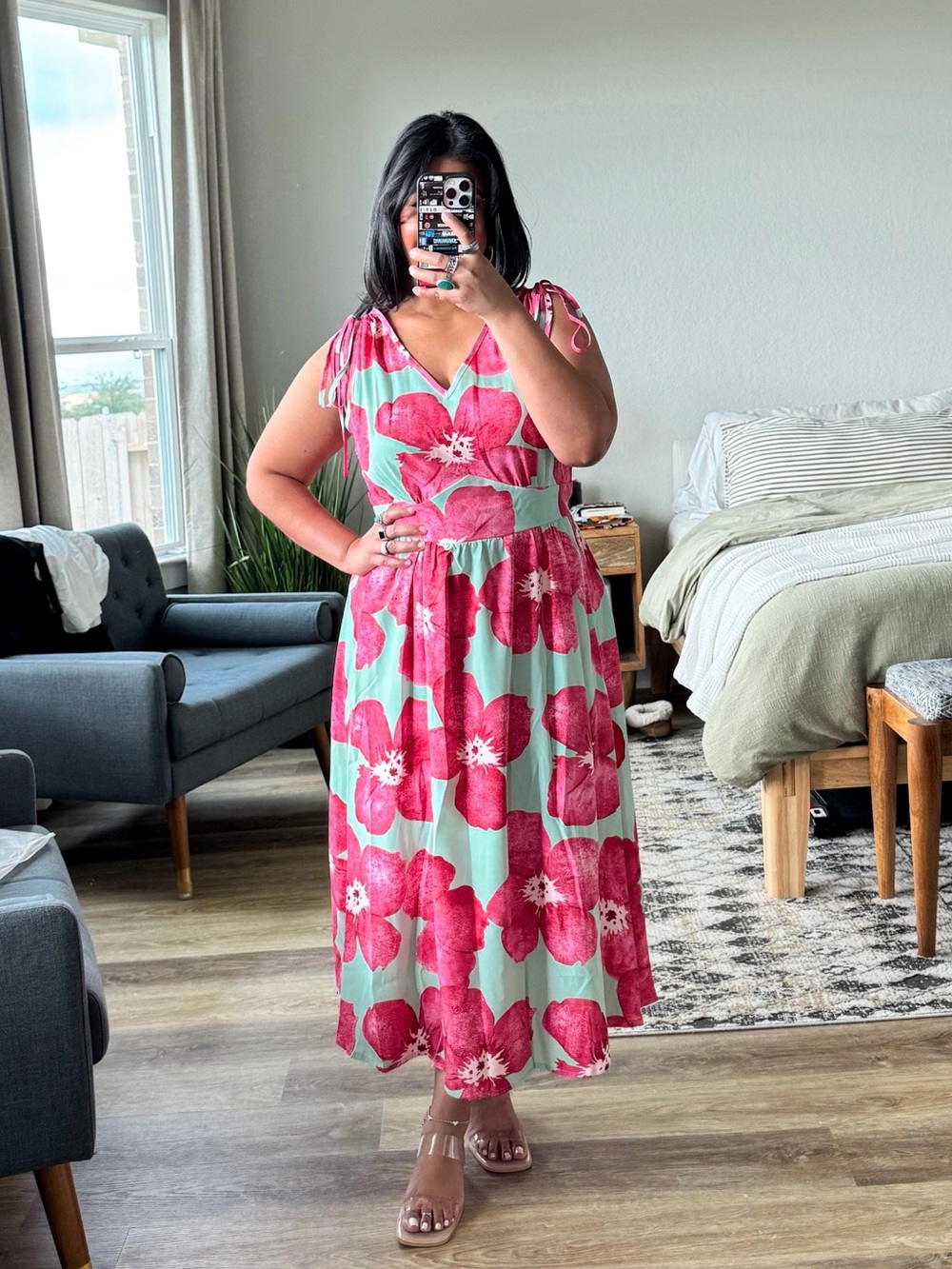 Turquoise with Pink Floral Maxi Dress (10)